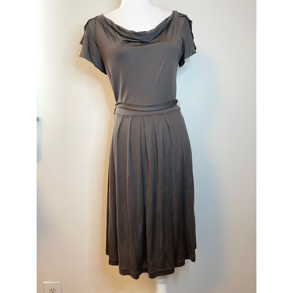 Banana Republic 100% Silk Dress M Brown Pleated Flutter Sleeve Belted Capsule